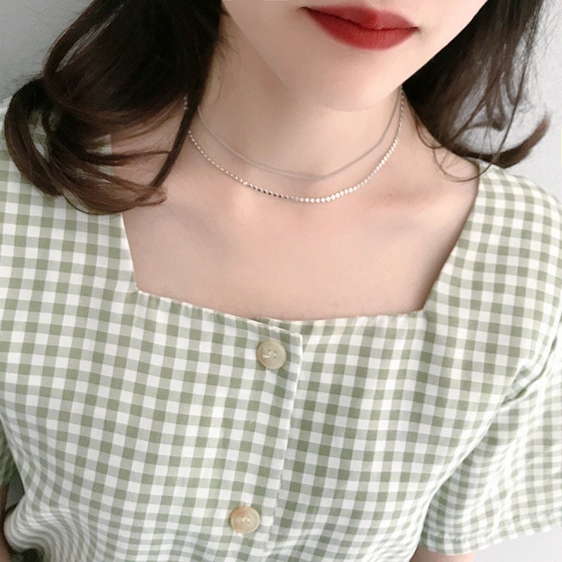 Ins gaya retro double layer twin datar manik-manik kalung pendek wanita gaya Korea desain minimalis