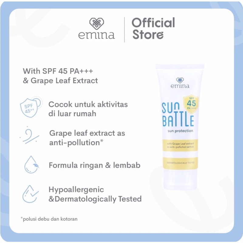 EMINA - Sun Protection Battle Sunscreen SPF 30 dan 45 PA+++ Skin Buddy SPF 30 PA+++ Skincare Sunblock Tabir Surya Pelindung Kulit Wajah Sinar Matahari Anti UVA UVB Aman Semua Jenis Kulit All Skin Type No White Cast Formula Ringan Viral BPOM