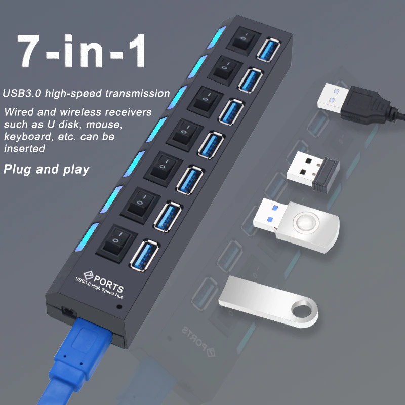 USB Hub 7 Port USB 3.0 High Speed Extender - YRR445 - Black
