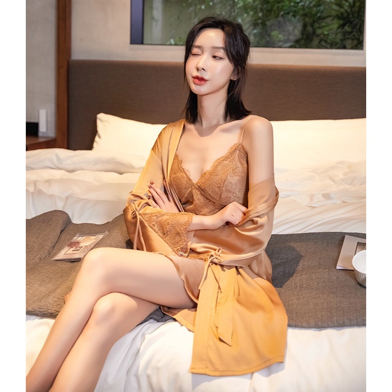 IS2202 Baju tidur berpasangan bahan satin berkualitas / lingerie kimono set high quality