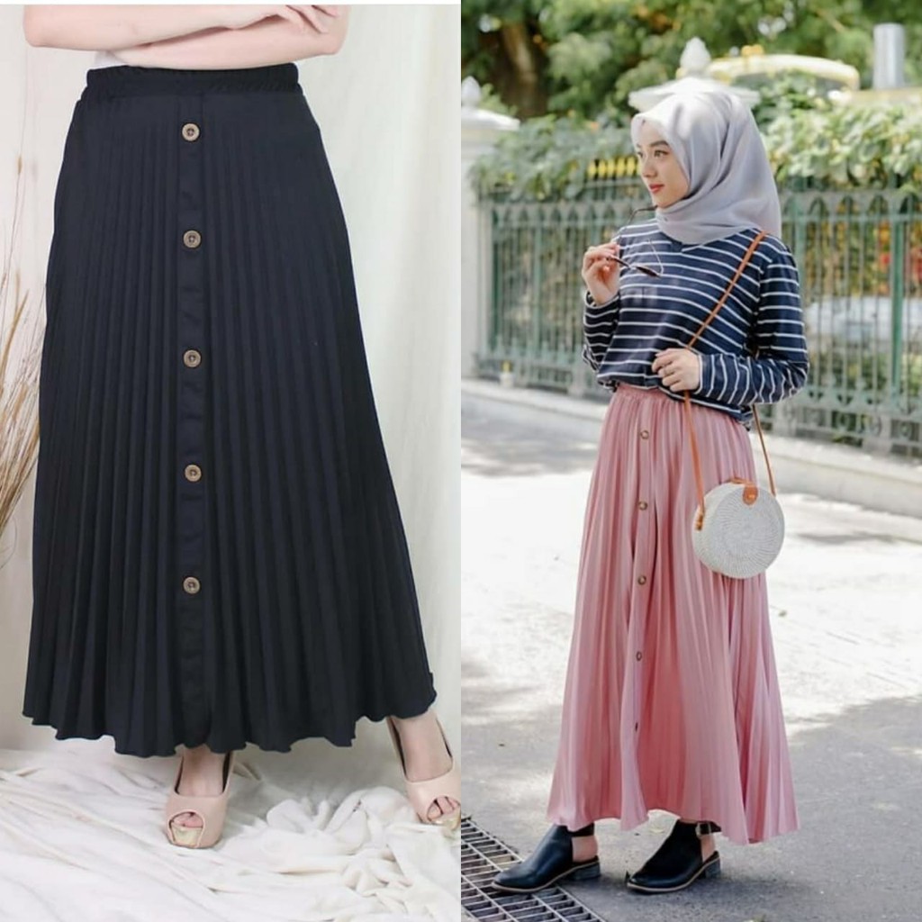 Rok Plisket Kancing Maxy Skirt / Rok Plisket Premium