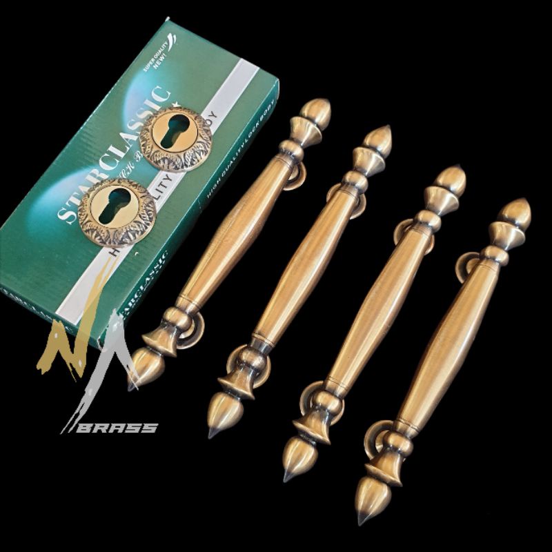 Handle Pintu Kuningan Gagang Pintu Rumah Motif Sawo Full Set Ukuran 31 Cm