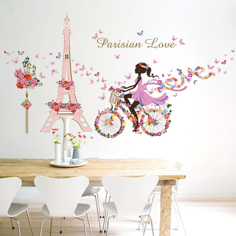 RELIZA Wall Sticker / Stiker Dinding 60X90 FLOWERS GIRL PARIS Eiffel TOWER PINK SK9006