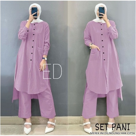 Set Baju Muslim Wanita Remaja Long Tunik Terbaru 2022 Model Kekinian Trendy Set Celana Panjang Motif
