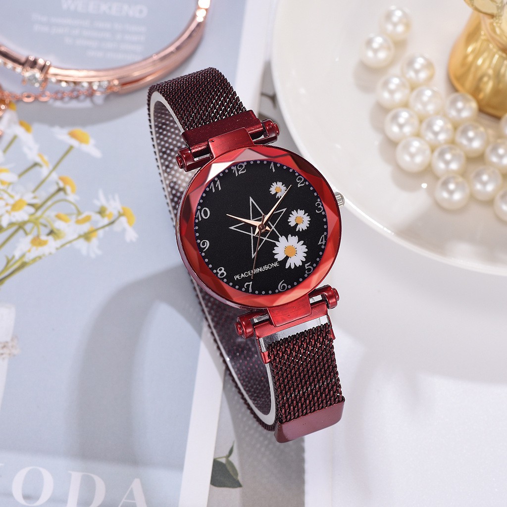 ELBER J174 Jam Tangan Rantai Wanita Jam Analog Motif Bunga Daisy-Merah