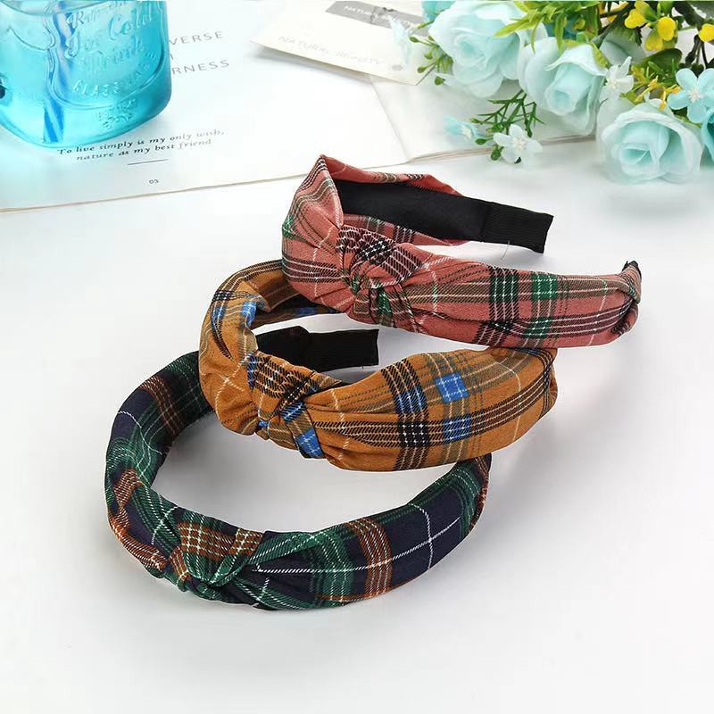 Bando Wanita Ala Korea Style Aksesoris Rambut Fashion Wanita Bandana Motif Kotak-Kotak Simpul Korean