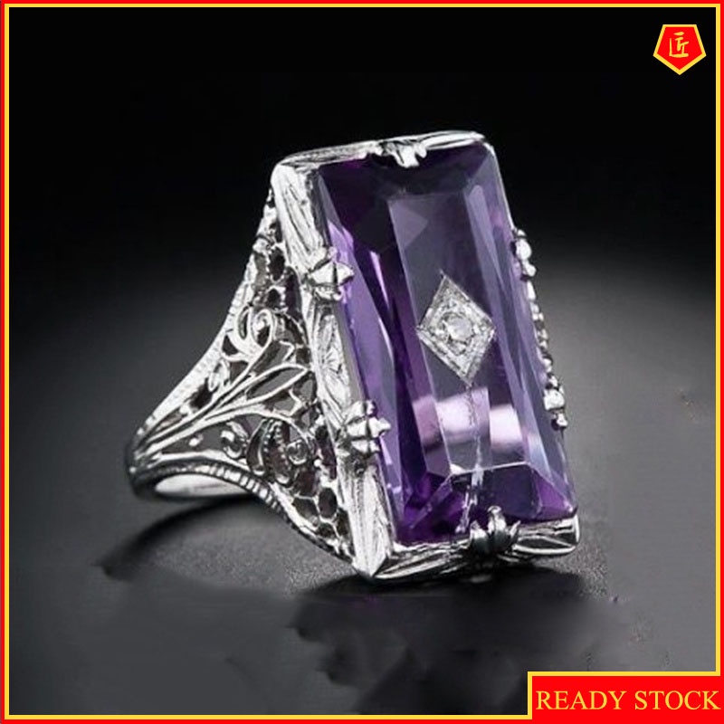 [Ready Stock]Fashion Personality Inlaid Chamfered Rectangular Amethyst Ring Exquisite