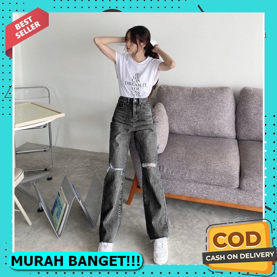 Celana Skinny Ripped Jeans Jins Wanita Cewek Kekinian Jumbo Import Bangkok Pinggang Karet Hitam Sobe