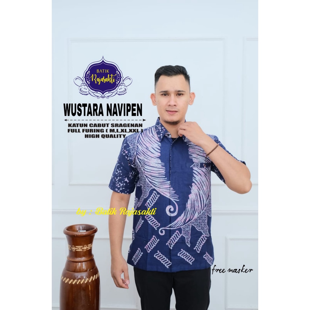 WUSTARA BIRU NAVY Kemeja Batik Pria Premum Full Furing Bahan Katun Halus Primisima Asli Batik solo