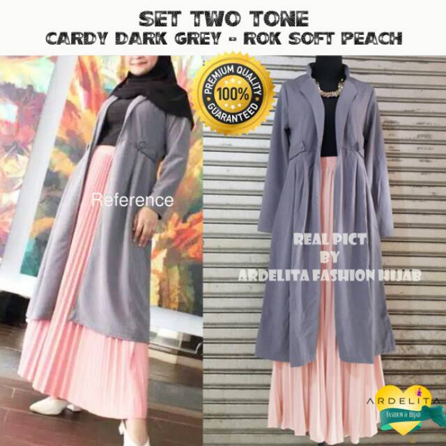 NEW!! SET CARDY ROK PLISKET TWO TONE/OUTWEAR KEKINIAN/SELEGRAM OOTD/OOTD HIJAB/BAJU SETELAN