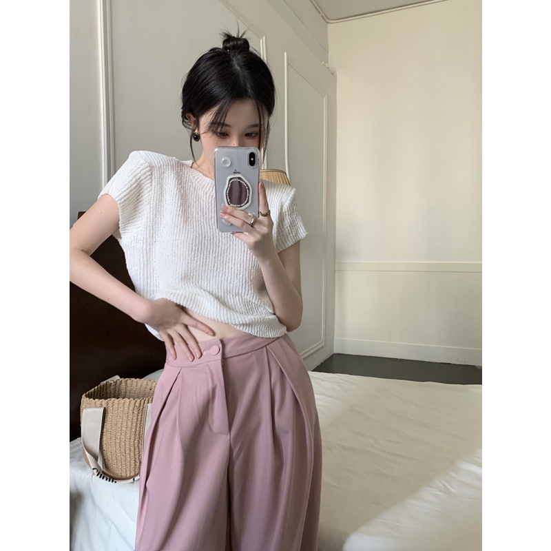 Suhao gaya Korea sweater lengan pendek wanita musim panas tipis desain niche abu-abu gadis panas ata