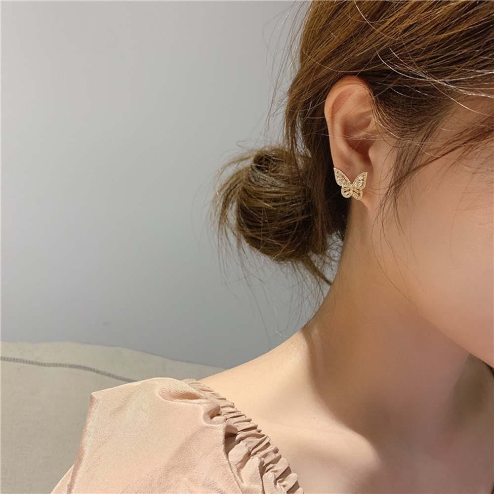 Anting Stud Silver Needle Bentuk Kupu-Kupu Kecil Aksen Berlian Imitasi Warna-Warni Gaya Korea Untuk Wanita
