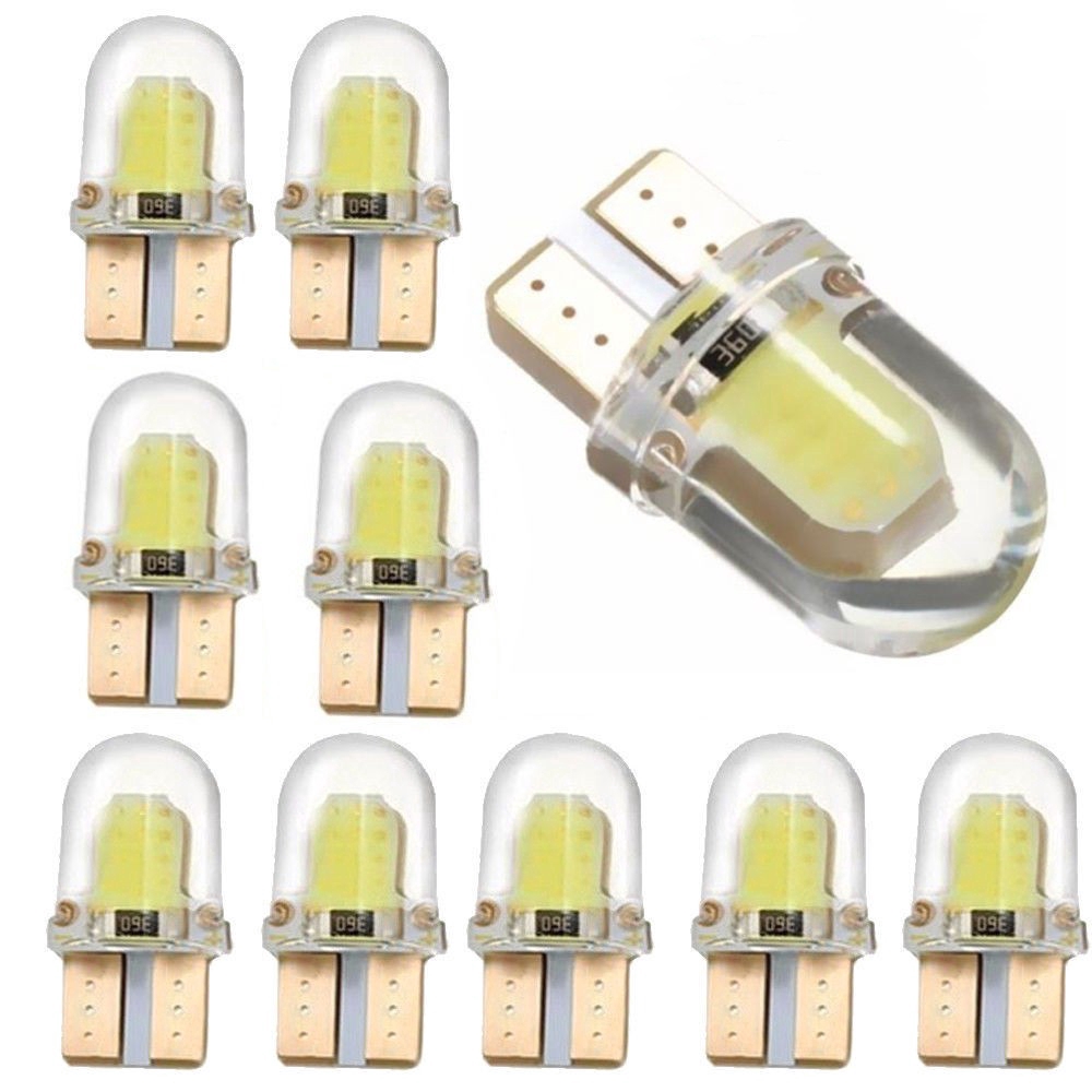 10Pcs Lampu LED T10 194 168 W5W COB 4 SMD Bahan Silica Gel Warna Putih untuk Plat Nomor Mobil