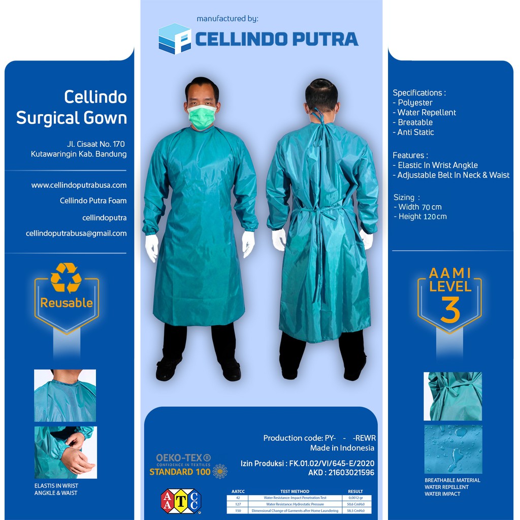 Cellindo APD Surgical Gown Lvl3 Reusable ( Bisa Dicuci Max 10x )