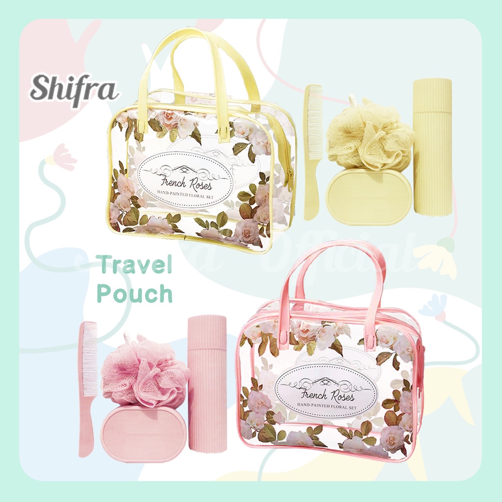 Shifra Pouch Tempat Kosmetik Travel Paris Pink Gray Mint Polos atau Dengan Isi (Free Random Stickers)