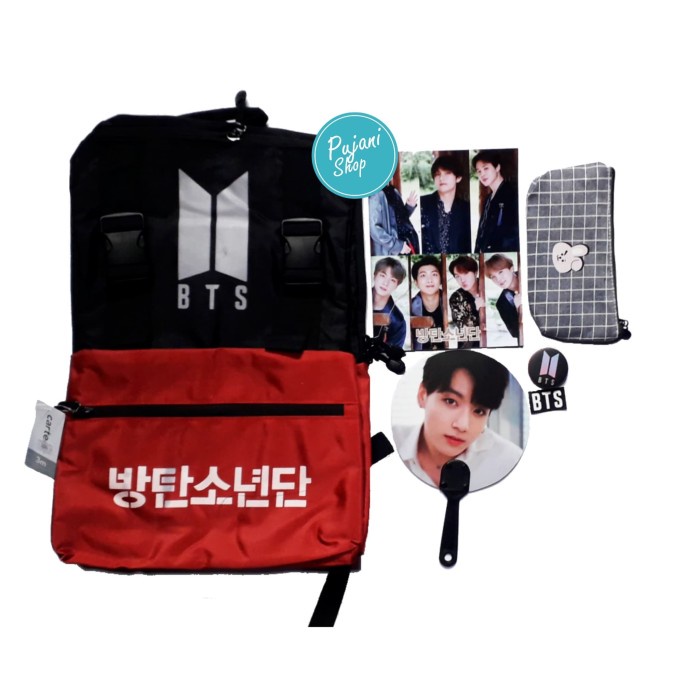 

(TERLARIS) paket hemat BTS (tas+buku tulis+tempat pensil+kipas+stiker+pin)