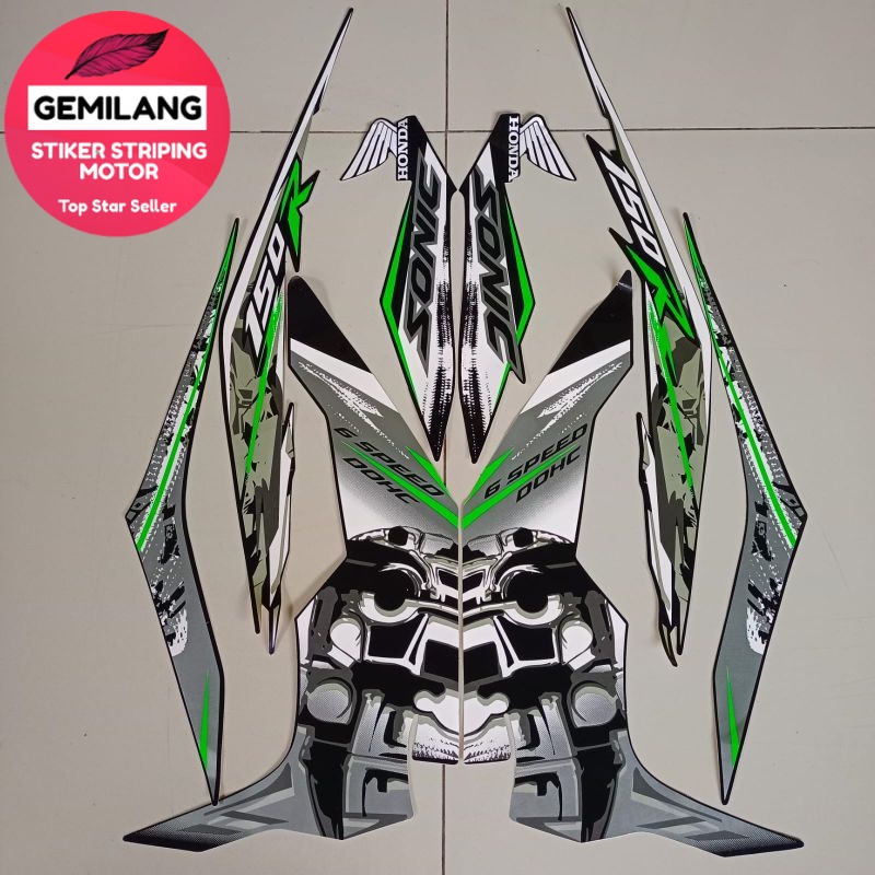 Striping Decal Polet Sticker  Honda sonic 150 2016 body hitam list hijau body motor standar Gemilang