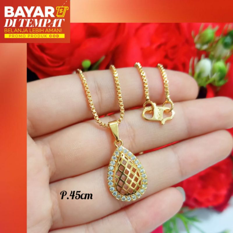 Kalung+Liontin permata motif tetes air jaring Gold&amp;Silver anti karat termurah