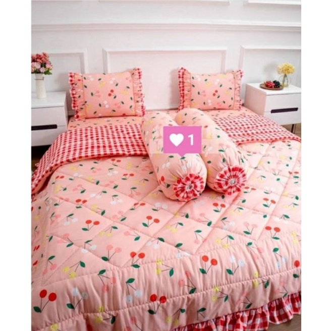 Sprei rumbai set bedcover pengantin bahan katun lokal motif Cherry ukuran 200x200