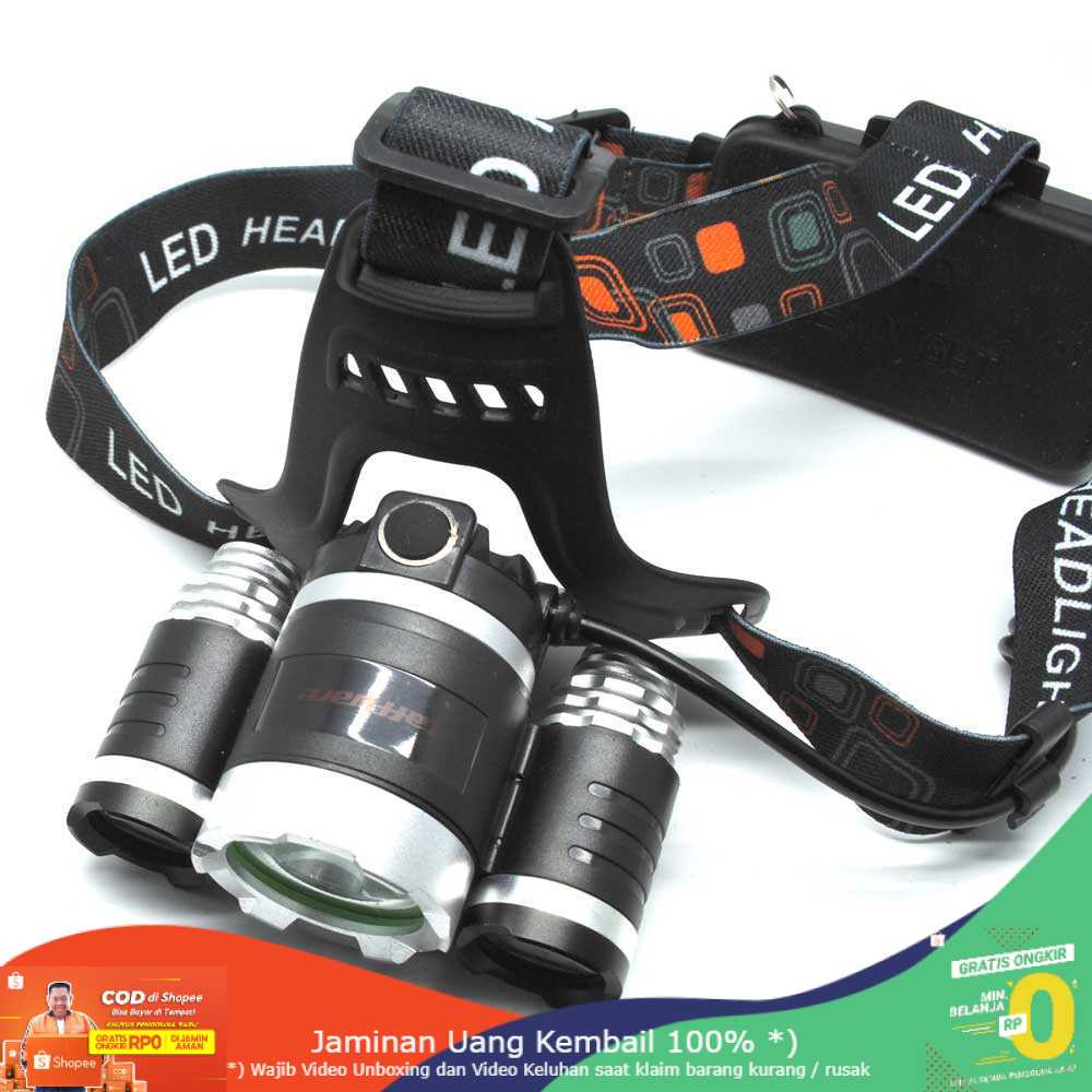 (BISA COD) RVOSTR LED Power Headlamp 3 LED 5000 Lumens Cree XM-L - T6 HD-LD