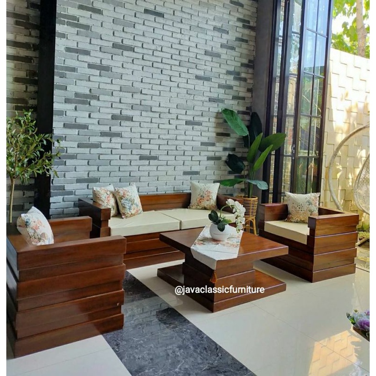 1 SET KURSI RUANG TAMU BOX MINIMALIS KAYU JATI GRADE A 211 DAN MEJA FREE DUDUKAN SOFA BUSA JOK WARNA NATURAL FURNITURE JEPARA-2
