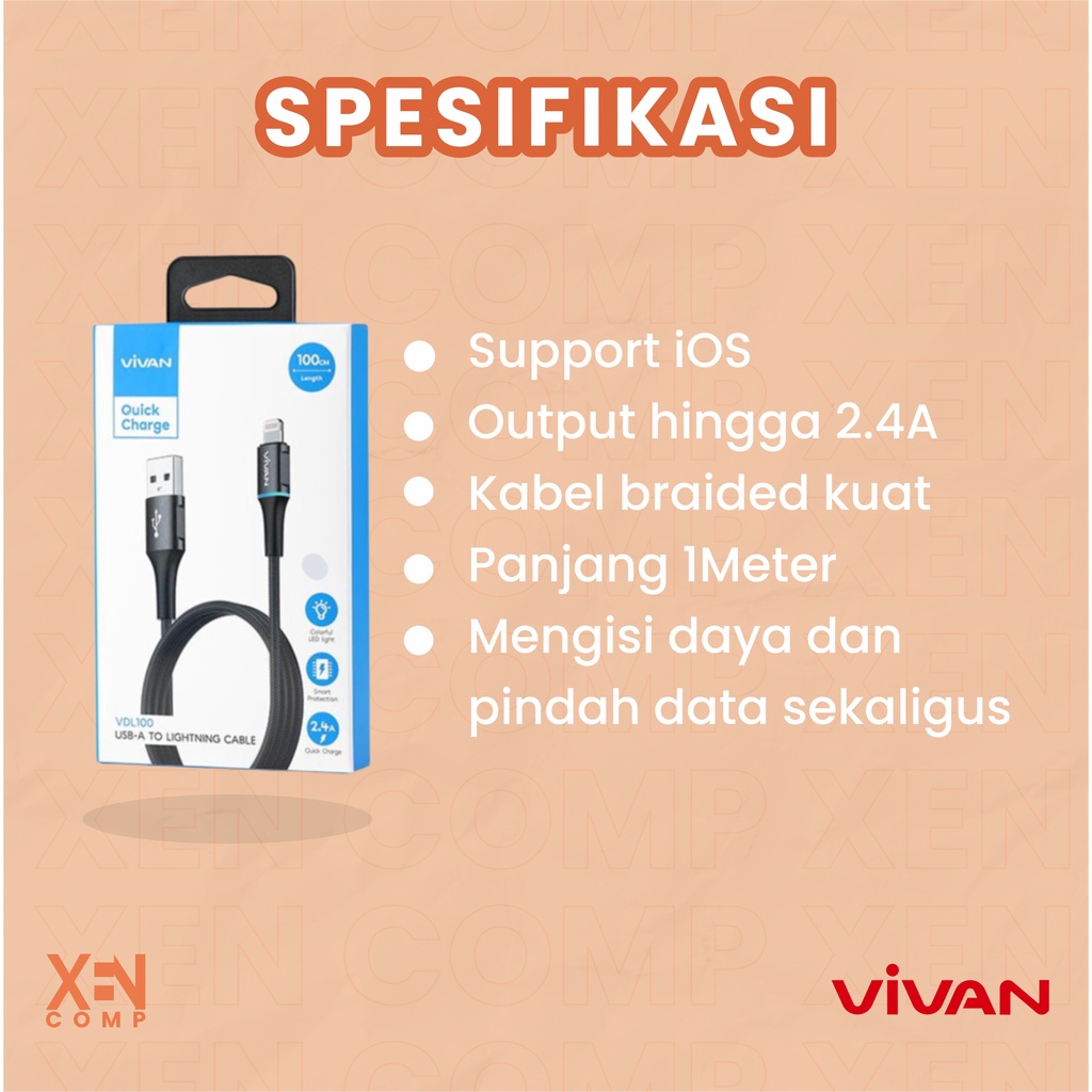 Vivan Kabel Data VDL100 2.4A Lightning Data Cable iPhone LED Light Quick Charge Garansi original