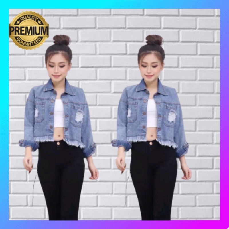 JAKET JEANS CROP DENIM WANITA SAKU SOBEK RAWIS LEVIS PREMIUM