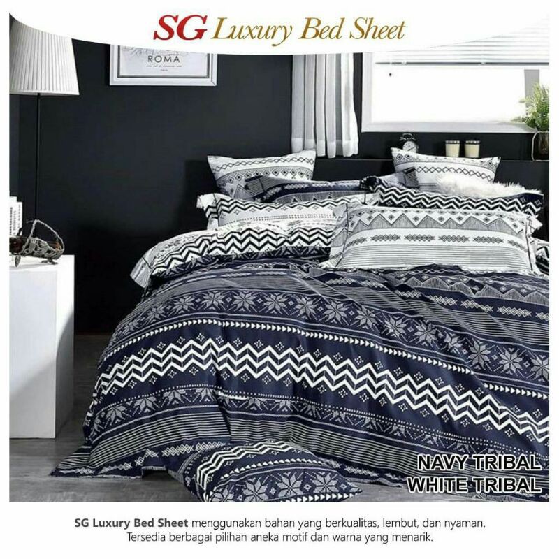 Sprei & Badcover katun lokal SG LUXURY BED SHEET motif NAVY TRIBAL WHITE TRIBAL
