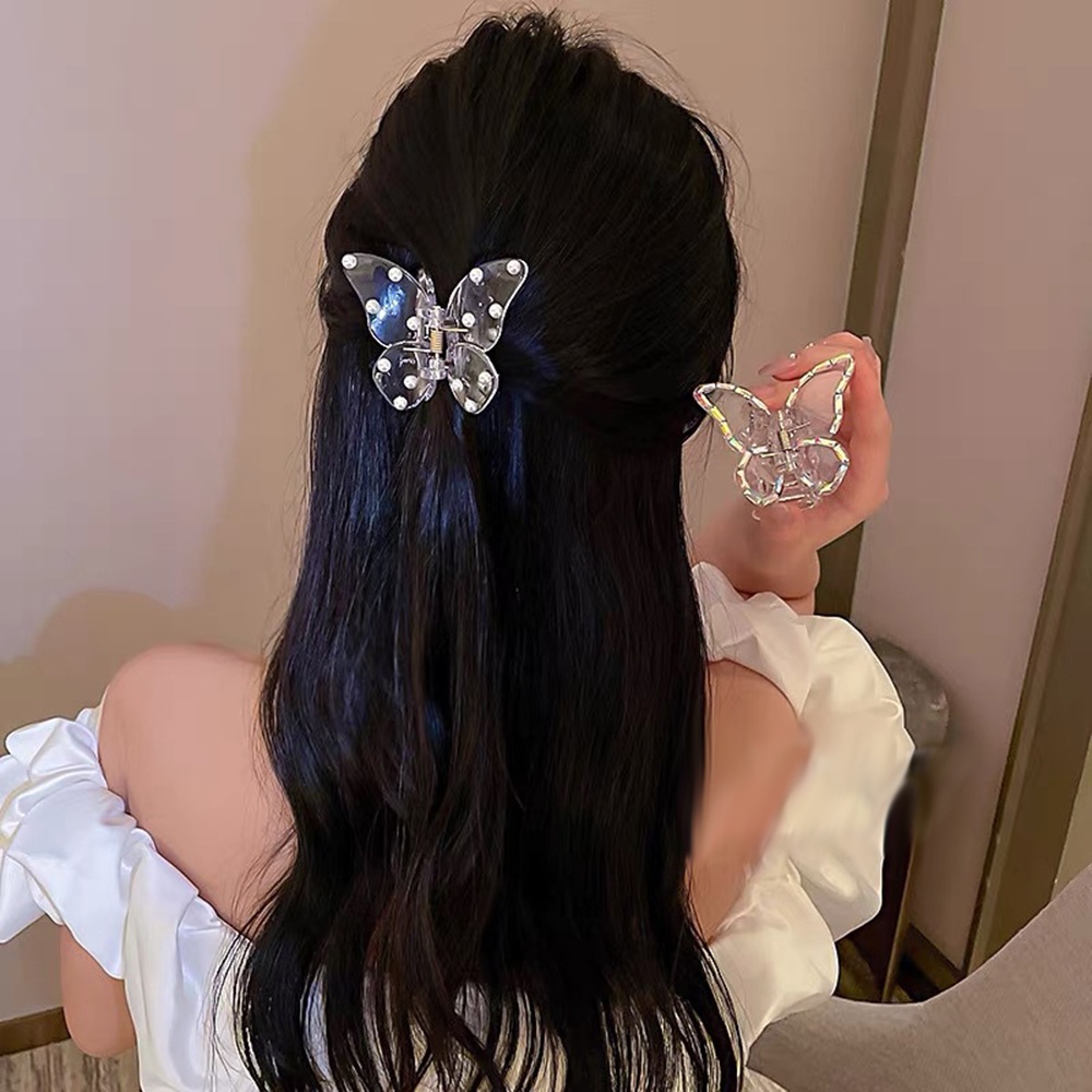 【COD Tangding】Chic Korea Pearl Butterfly Catch Clip Transparent Water Diamond Shark Hair Clip INS Summer Hair Catch