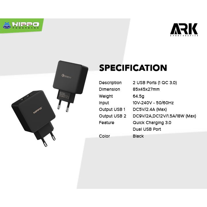 Hippo Adaptor ARK 2 30W Quick Fast Charging 3.0 Travel Adapter Kepala Casan Colokan Charger Rumah type C QC Dual Port Output