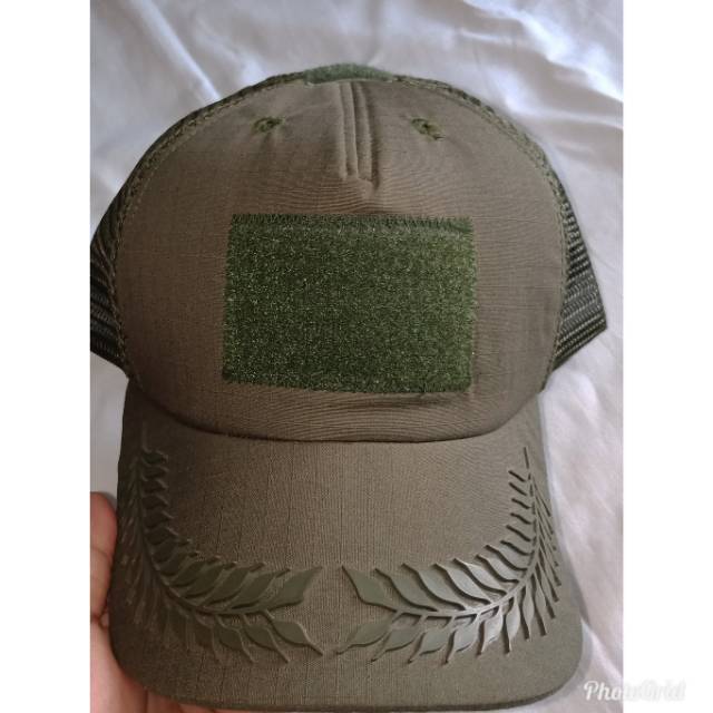 Topi Tactical Perekat Pamen Flocking/Rubber Ripstop Hijau Satpol-pp/Brimob Kombinasi Jaring