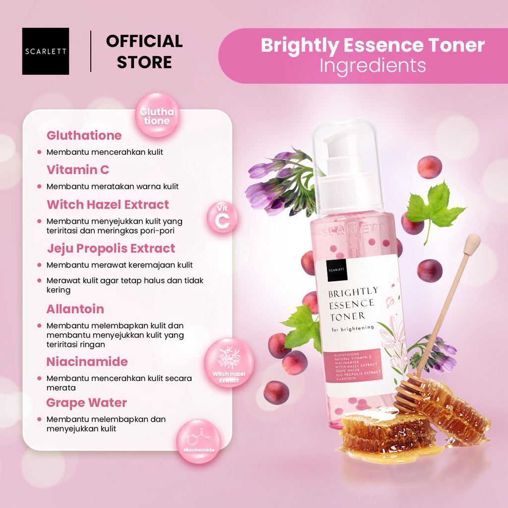 SCARLETT Whitening Brightly Series Indonesia / Brightening Ever After Skincare Mencerahkan Face Care / Cleanser Facial Wash Essence Toner Serum Day Night Eye Cream Moisturizer Sunscreen Mask / Body Shower Scrub Lotion Hair / Paket Acne Age Delay Set Wajah