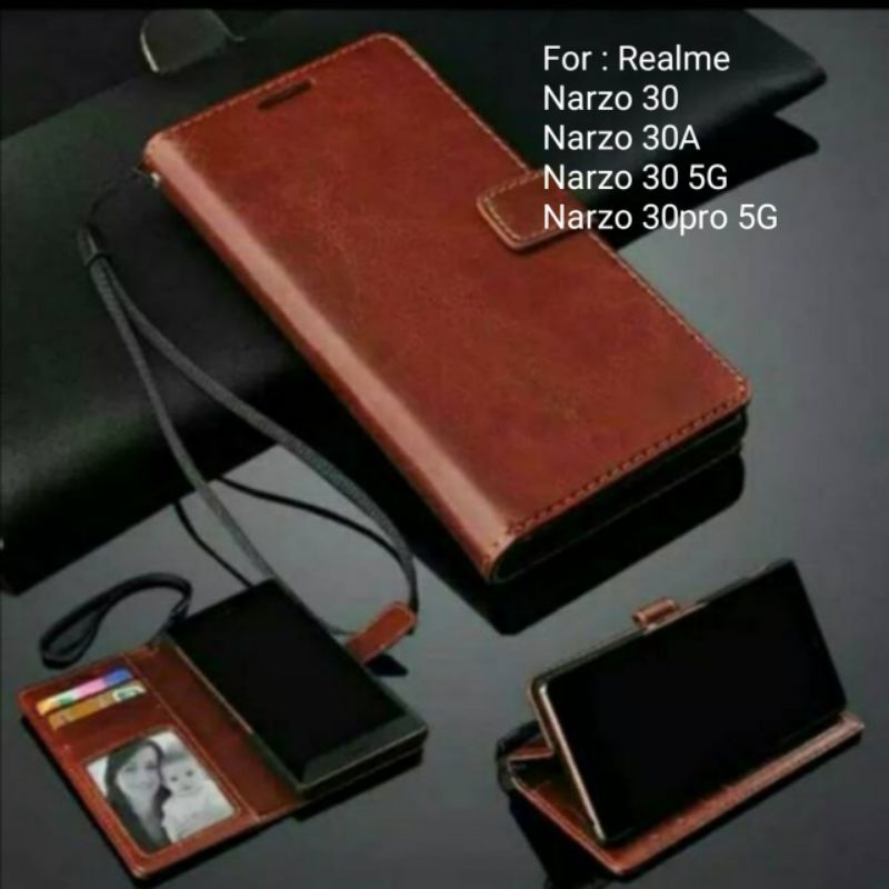 Leather Case Realme Narzo 30 30A pro 5G Sarung Dompet Wallet Kulit Casing Case Diary flip buku book tutup