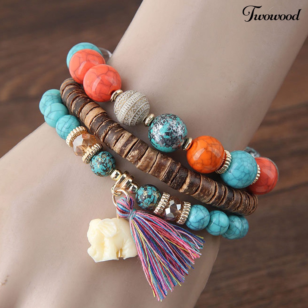 3pcs / Set Gelang Tali Elastis Multilayer Desain Gajah Rumbai Manik-Manik Bahan Resin Gaya Bohemia Untuk Wanita