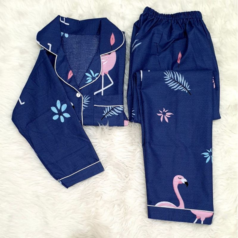 Baju tidur wanita piyama CP bahan soft katun adem all size-Flamingo besar