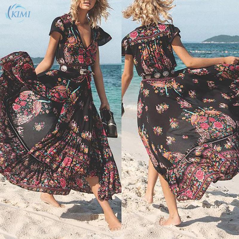 Fashion Wanita Long Dress Pantai  Maxi Vintage Boho Motif 