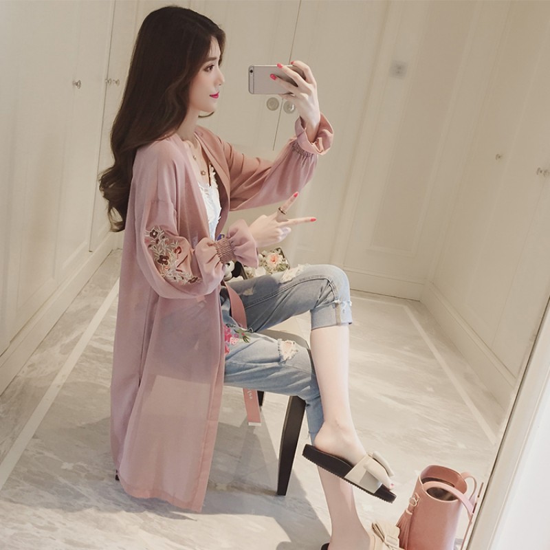Cardigan Lengan Panjang Bahan Sifon Motif Bordir Bunga untuk Wanita