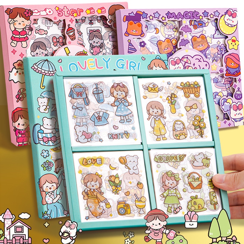 1Set Stiker Lucu Cute Cartoon Girl PET Waterproof StickerGift Box GirlThermos Cup Sticker Sheets