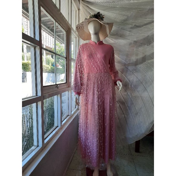 Gamis Brukat Mutiara tile bintang snow polka Tangan Balon Jumbo Baju Lebaran Lamaran Pesta