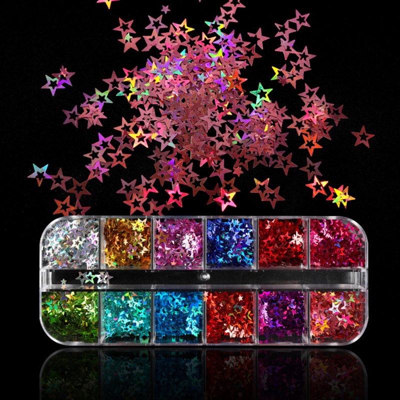 SIY  12 Grids/Box Holographic Glitter Hollow Stars Shape Sequins Epoxy Resin Filling DIY Crafts Jewelry Making Flake Nail Art