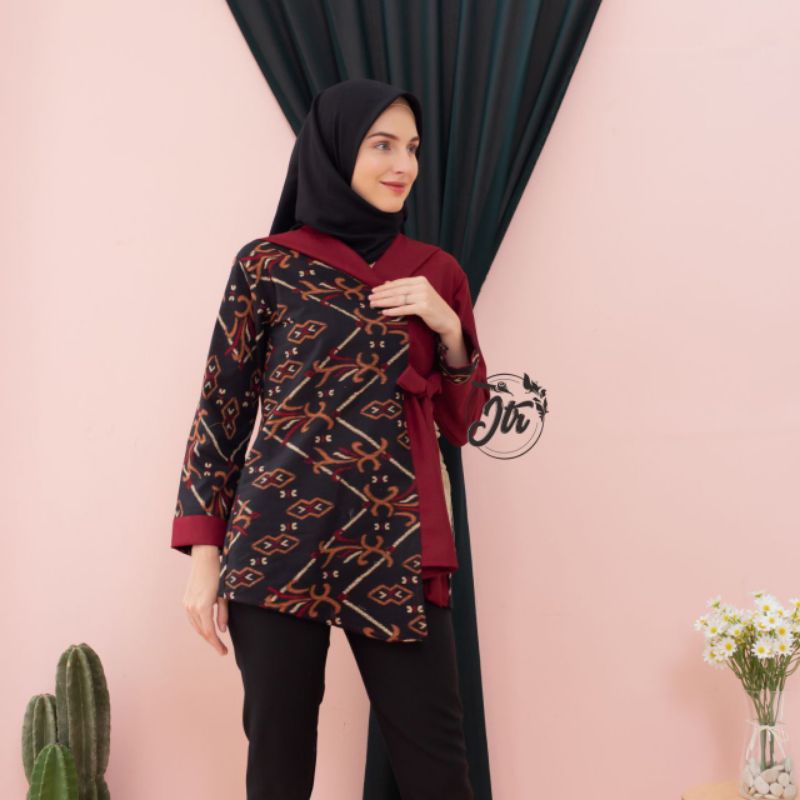 Atasan Batik Wanita Modern / Blouse Batik Kombinasi Mosscrepe Size M, L, XL ( ORIGINAL )