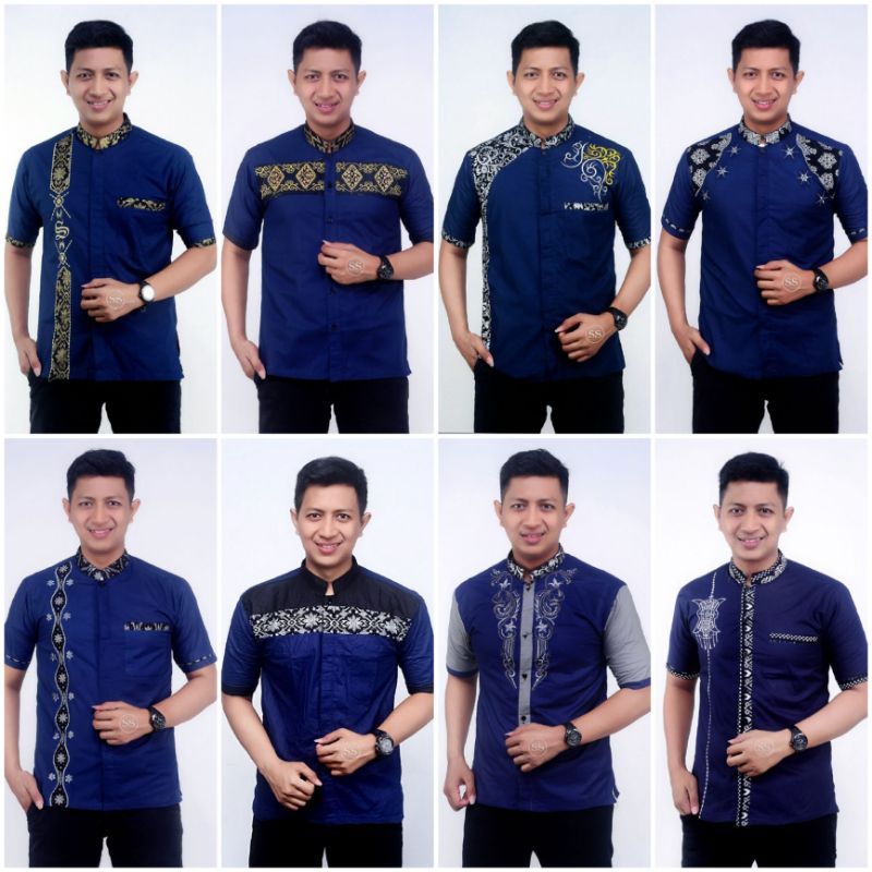 Baju koko Pria Bordir lengan pendek Baju koko Dewasa Matt Katun M L XL XXL Spesial navy/biru dongker