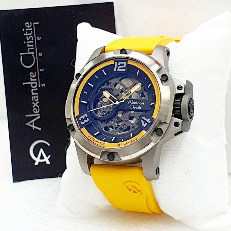 Alexandre Christie Original Automatic  AC 6295 Jam Tangan Pria Tali Karet kuning Abu