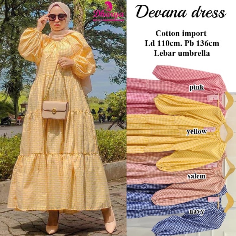 Dharya Hijab Devana Maxi Dress Wanita Kekinian Motif Kotak Rok Mayung Bahan Katun Import Lengan Balo