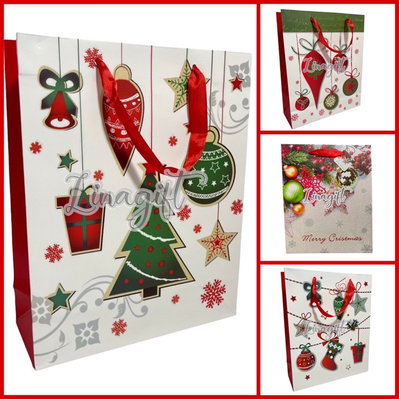 PAPERBAG NATAL - KANTONG PAPER BAG KERTAS HADIAH KADO XMAS / TAS JINJING MERRY CHRISTMAS MERAH / RED