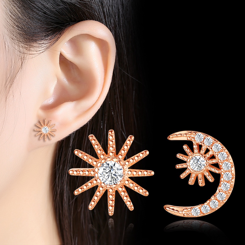 Anting Perak 925 Wanita Bintang dan Bulan Asimetris Perhiasan Fashion/Subang Telinga anting perempuan