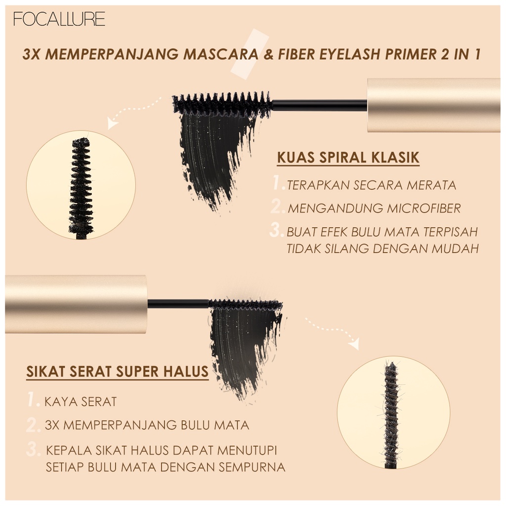 FOCALLURE Volumizing Mascara &amp; Waterproof eyeliner fiber eyelash primer 2 IN 1 mudah dibawa