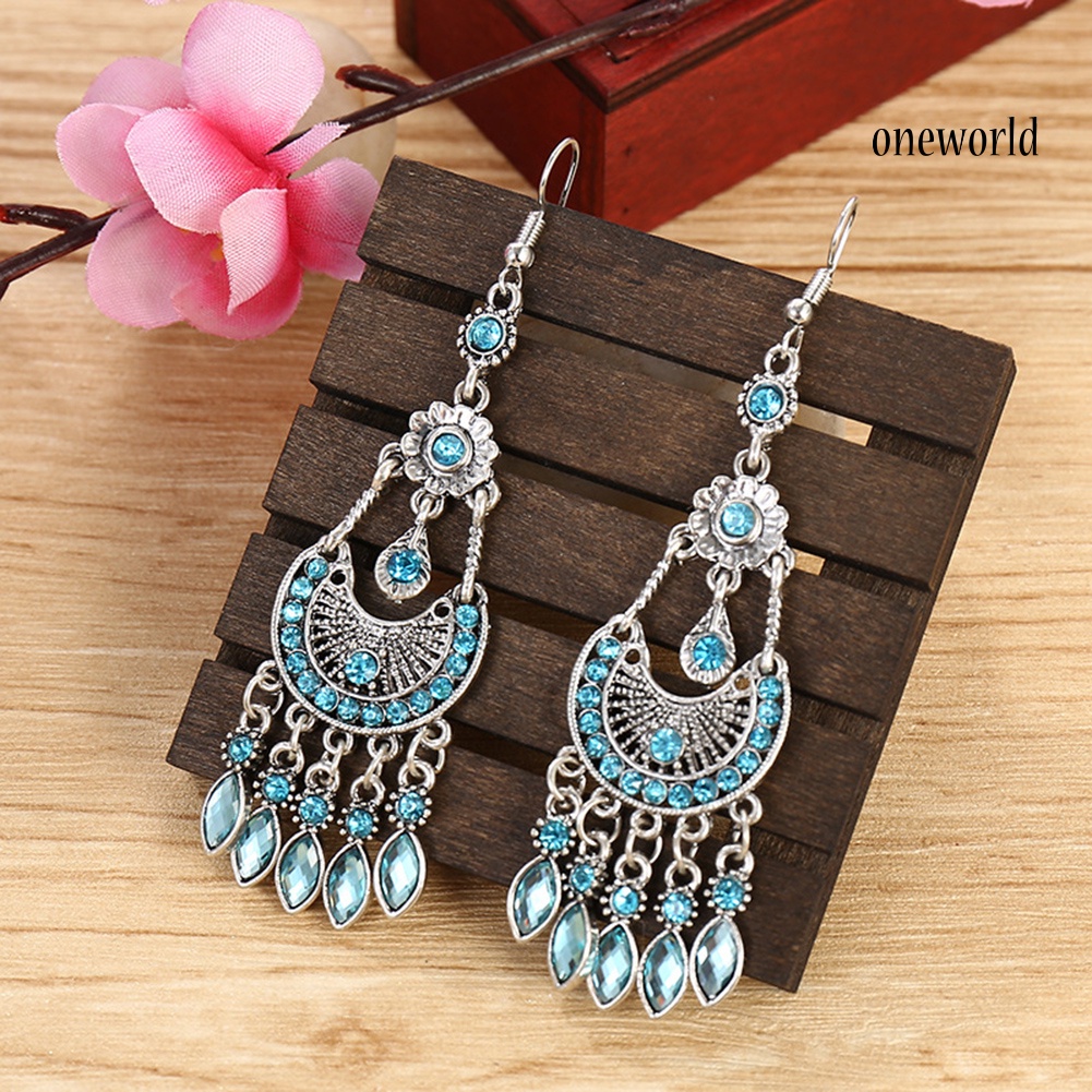 OW# Bohemian Women Rhinestone Crescent Moon Long Fringe Hook Earrings Jewelry Gift