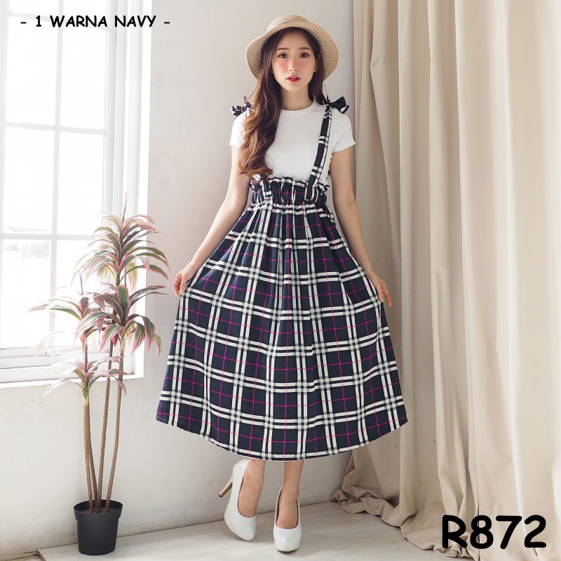 Baju kodok overall rok panjang motif kotak2 lucu pergi jalan hangout fashion cewek wanita murah -872