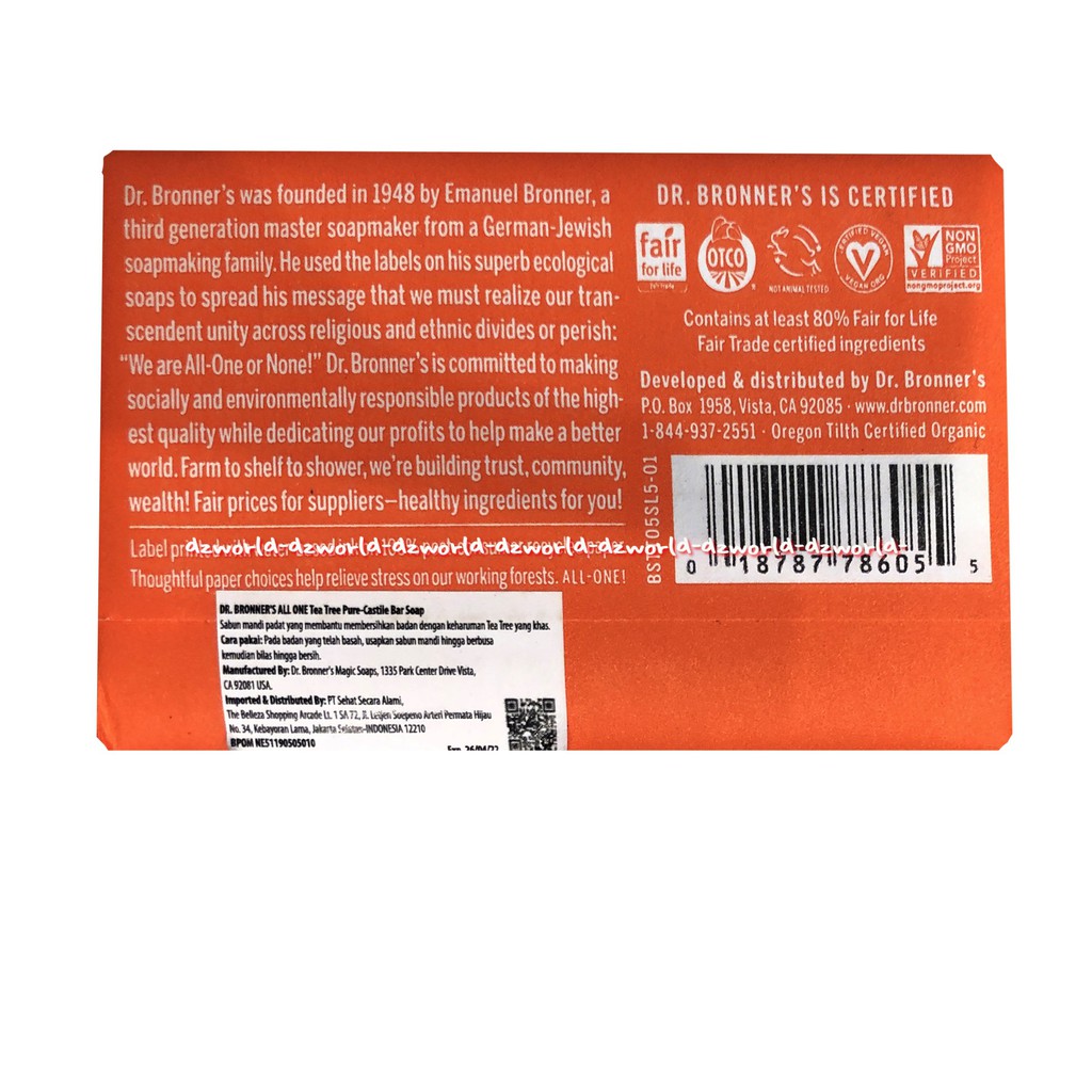 Dr Bronner's140gr All One Rose Almond Peppermint Unscented Lavender Pure Castile Bar Soap Sabun Batang Sabun Mandi Dr Bronners drbronners Dr Broner Bronner